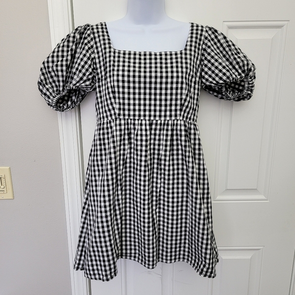 Abound Black White Gingham Checked Puff Sleeve Ruched Back Mini Dress Size M - Picture 3 of 11
